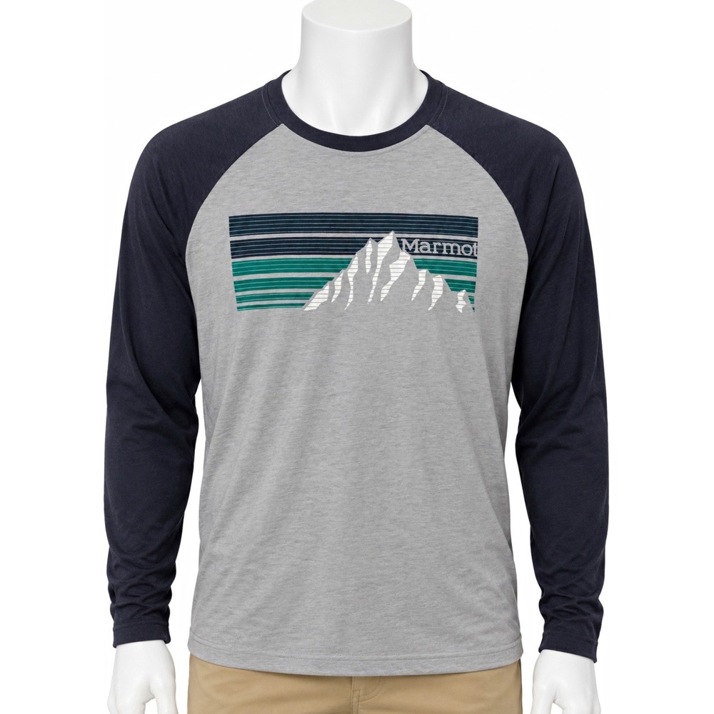 MARMOT Men's Long Sleeve Raglan Graphic Logo T Shirt Pullover Gray Black M